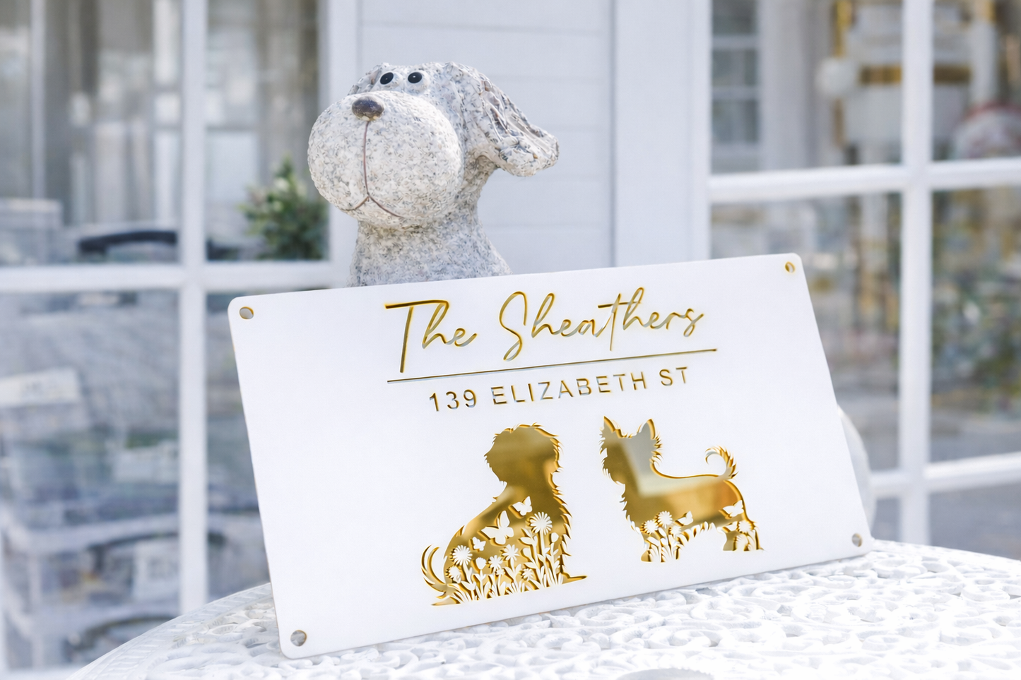 Floral Dog House Acrylic Sign White & Gold